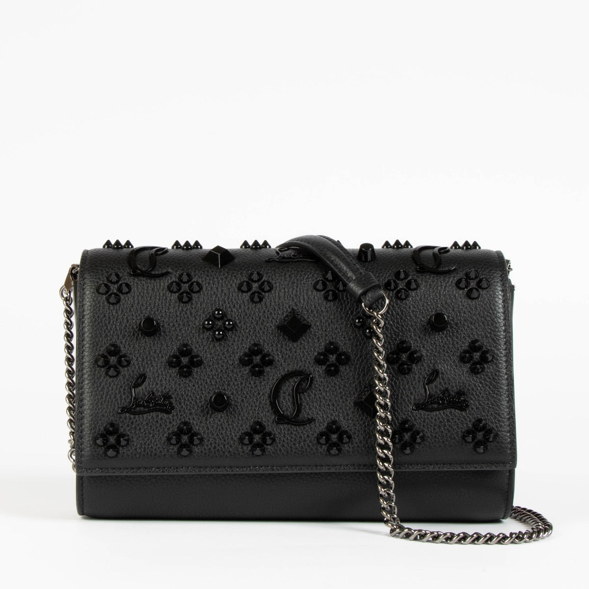 Authentic pre-loved Christian Louboutin Black Calfskin Leather Spikes Paloma Crossbody Bag on Labellov.com
