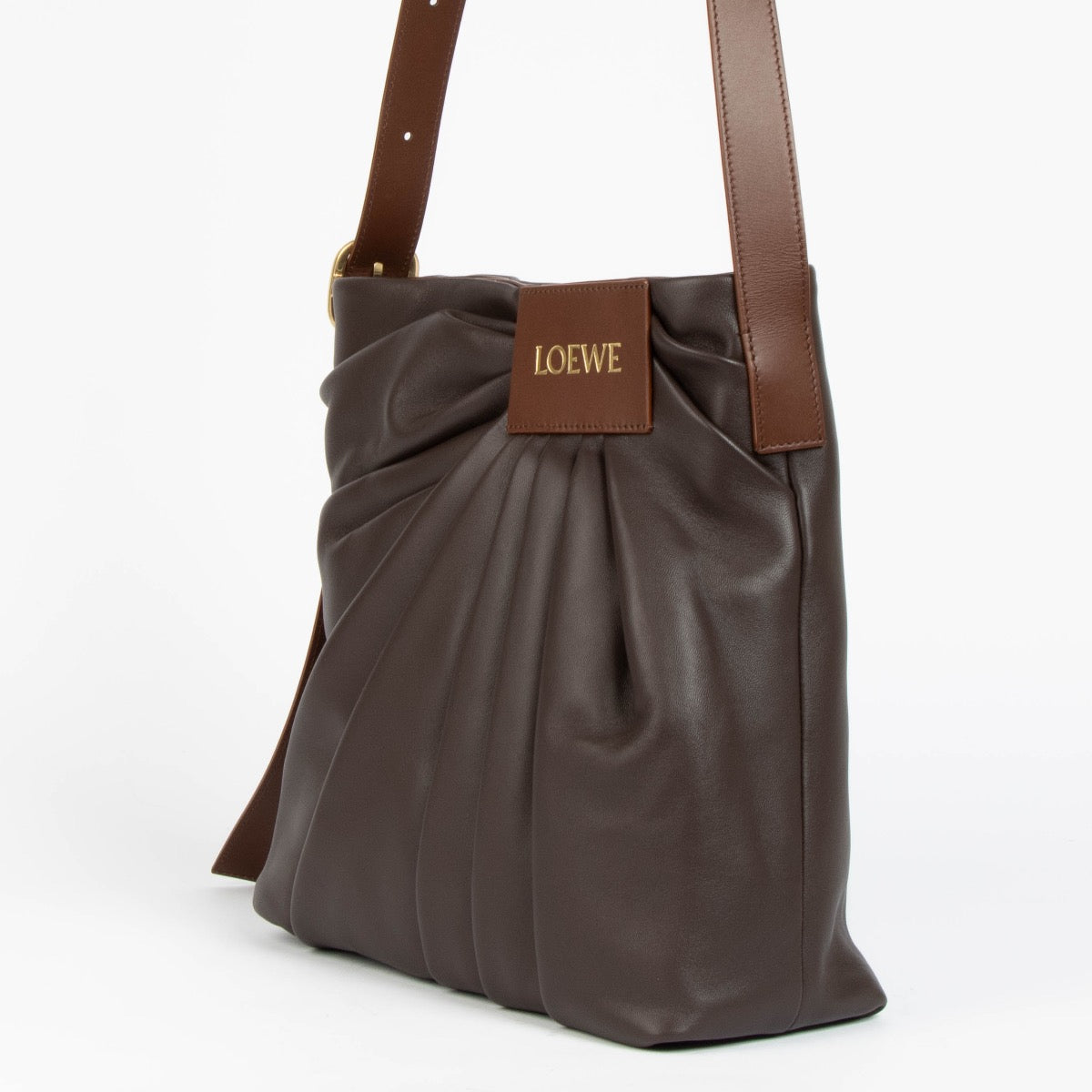 Authentic pre-loved Loewe Dark Brown Mellow Nappa Lambskin Draped Tote Bag on Labellov.com