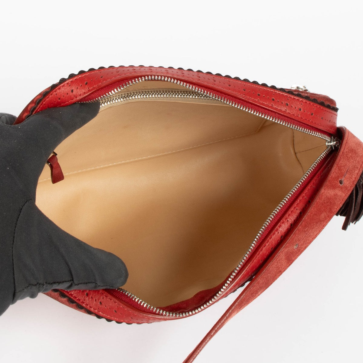Authentic pre-loved Delvaux Red Baiser Suede Crossbody Bag on Labellov.com