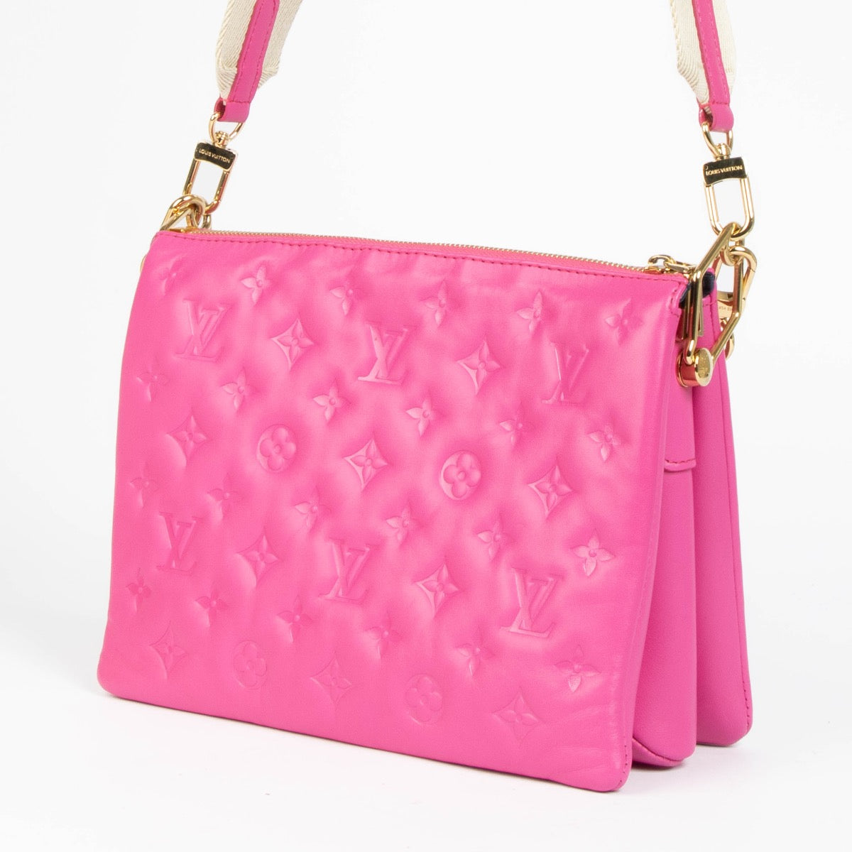 Authentic pre-loved Louis Vuitton Fuchsia Lambskin Coussin PM Crossbody Bag on Labellov.com