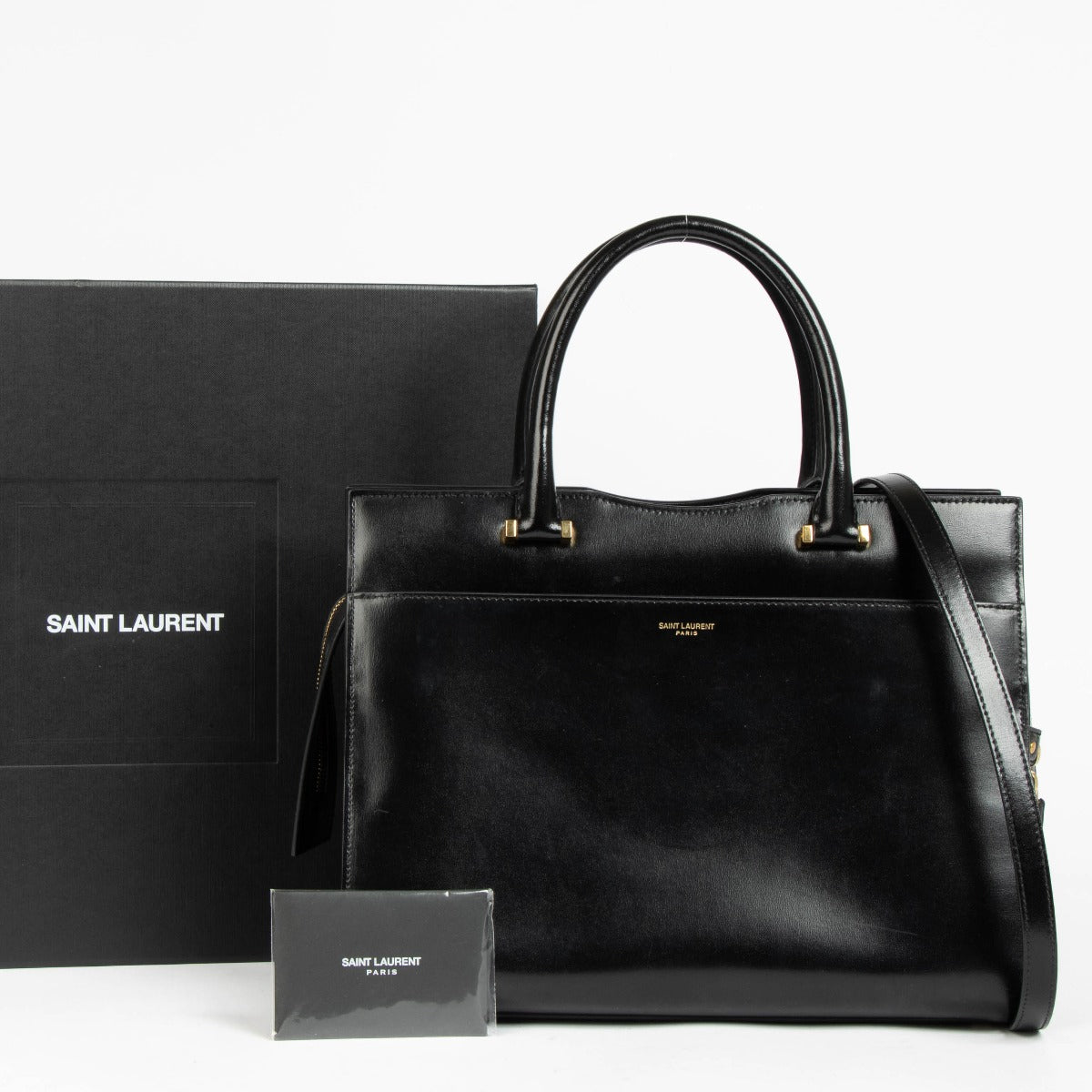 Authentic pre-loved Saint Laurent Black Box Leather Uptown Medium Bag on Labellov.com