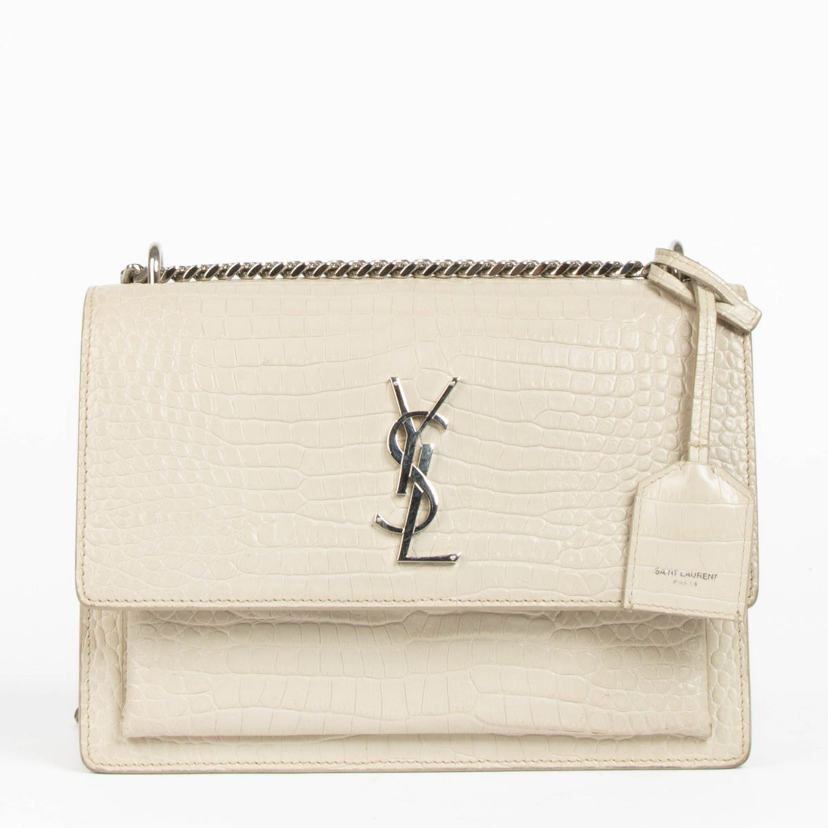 Authentic pre-loved Saint Laurent Beige Crocodile Embossed Medium Sunset Bag on Labellov.com