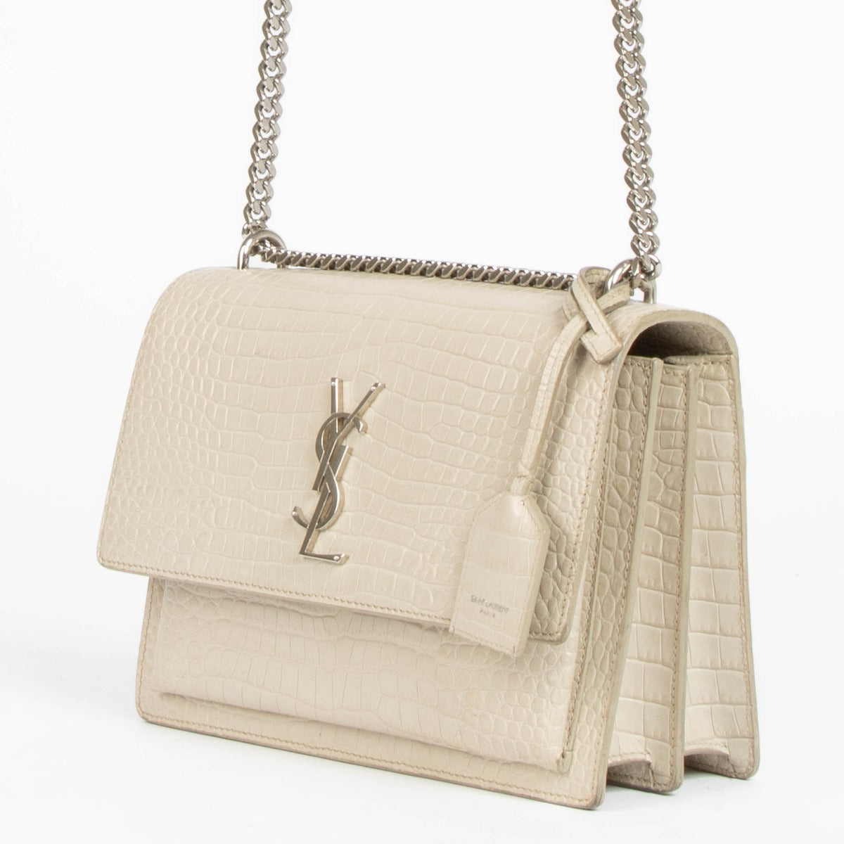 Authentic pre-loved Saint Laurent Beige Crocodile Embossed Medium Sunset Bag on Labellov.com