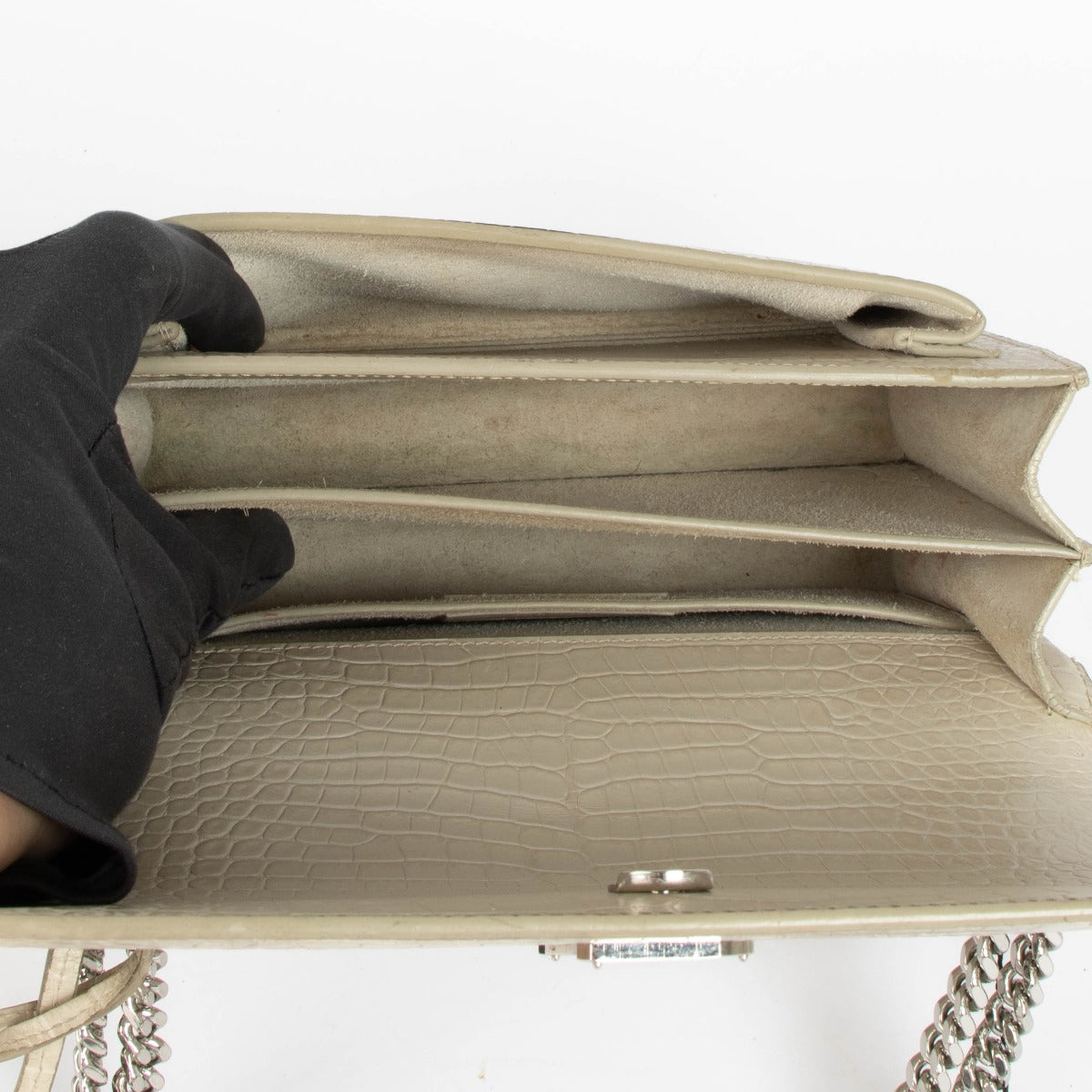 Authentic pre-loved Saint Laurent Beige Crocodile Embossed Medium Sunset Bag on Labellov.com