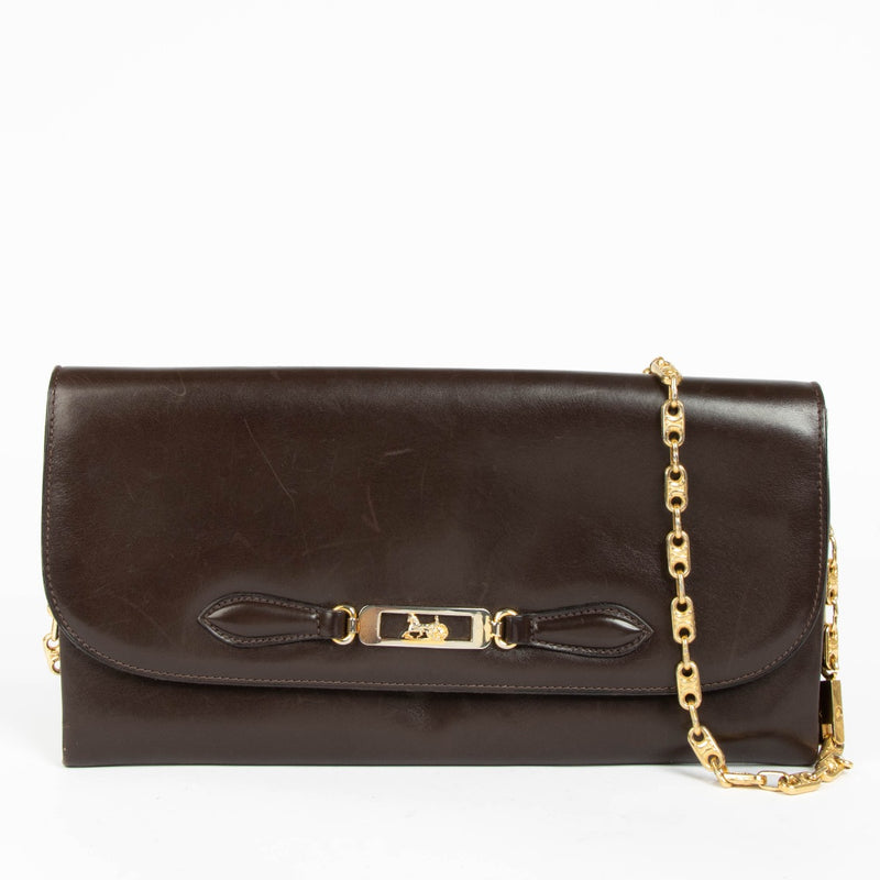 Authentic pre-loved Celine Brown Box Calfskin Carriage Chain Clutch on Labellov.com