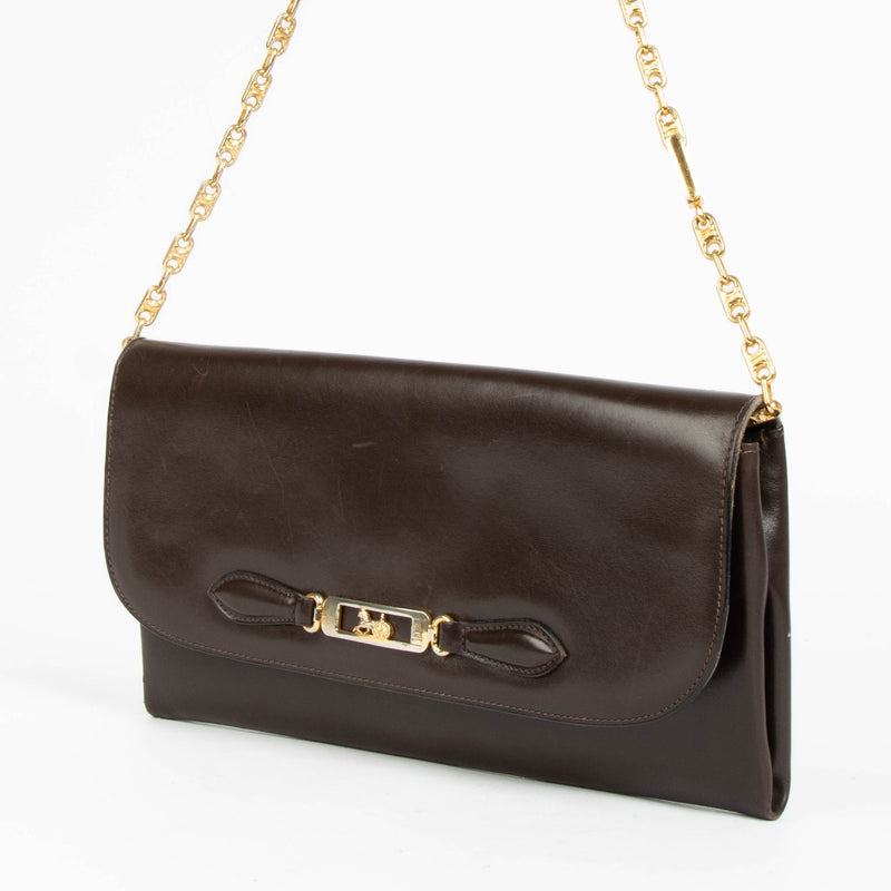 Authentic pre-loved Celine Brown Box Calfskin Carriage Chain Clutch on Labellov.com