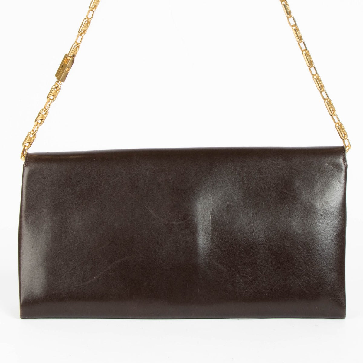 Authentic pre-loved Celine Brown Box Calfskin Carriage Chain Clutch on Labellov.com