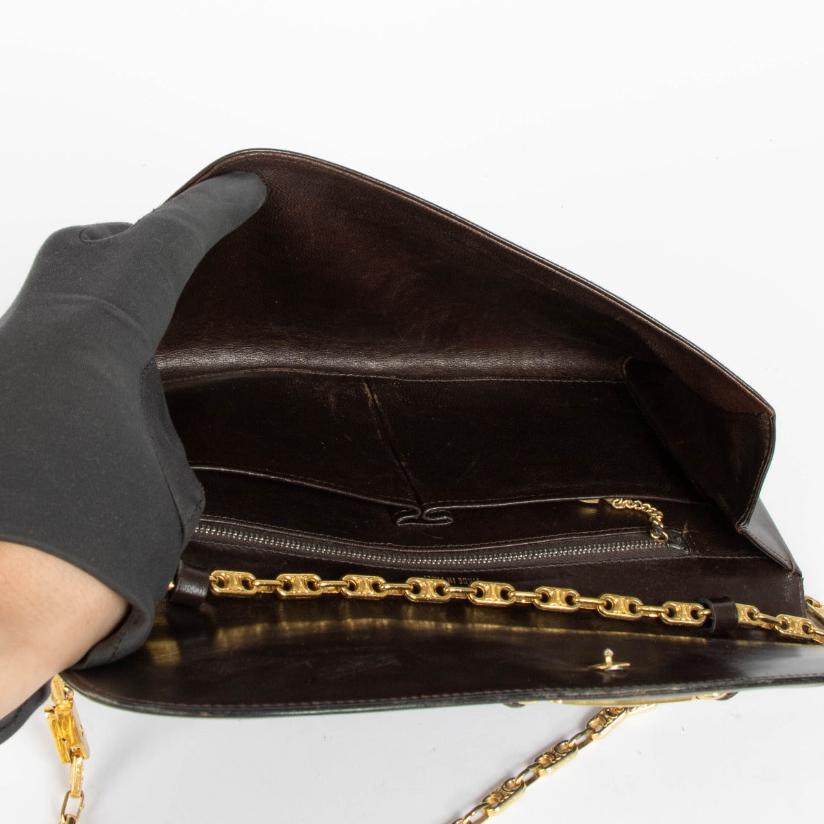 Authentic pre-loved Celine Brown Box Calfskin Carriage Chain Clutch on Labellov.com