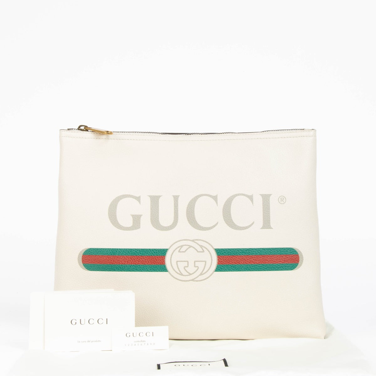 Authentic pre-loved Gucci Beige Leather Logo Zip Pouch on Labellov.com