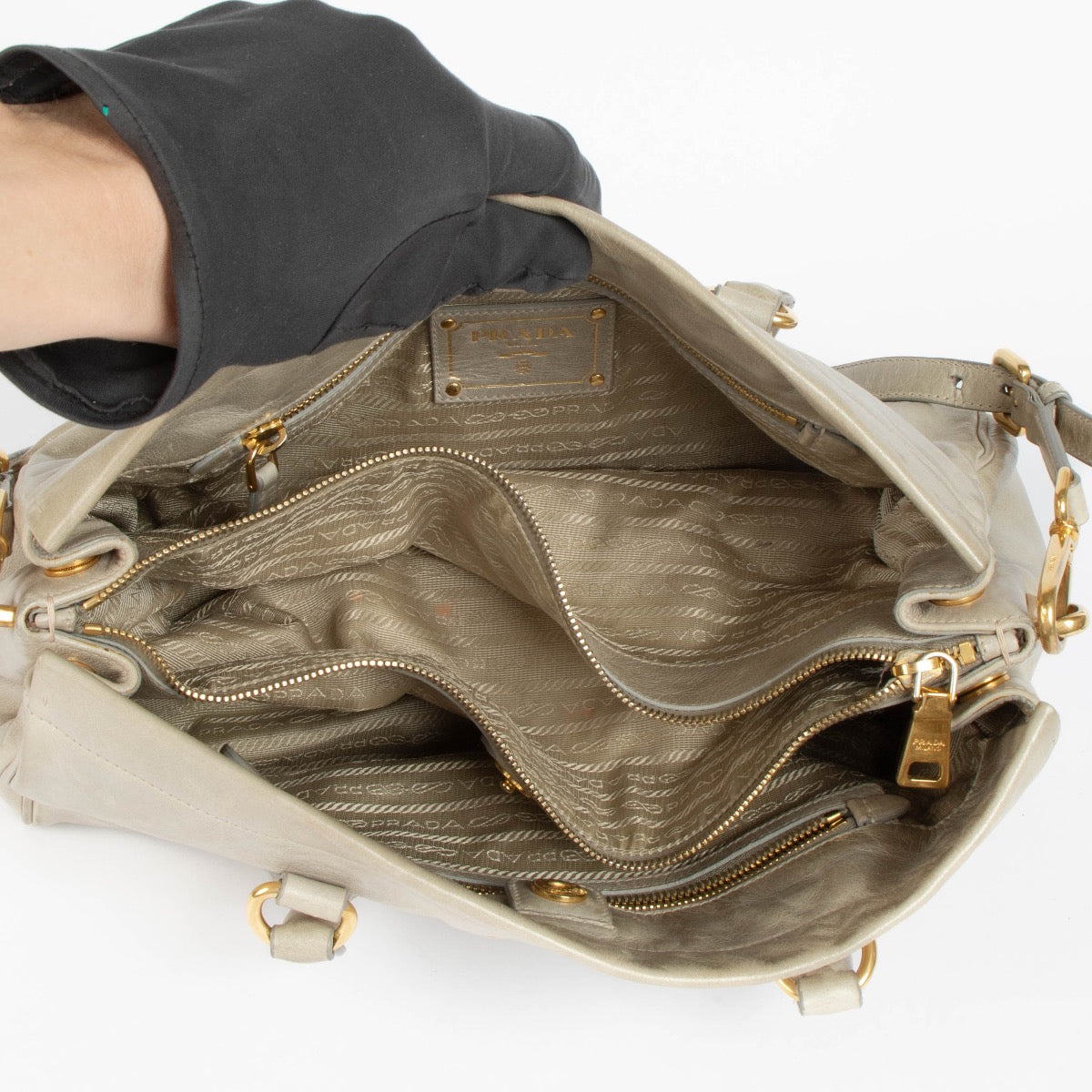 Authentic pre-loved Prada Grey Vitello Shine Shoulder Bag on Labellov.com