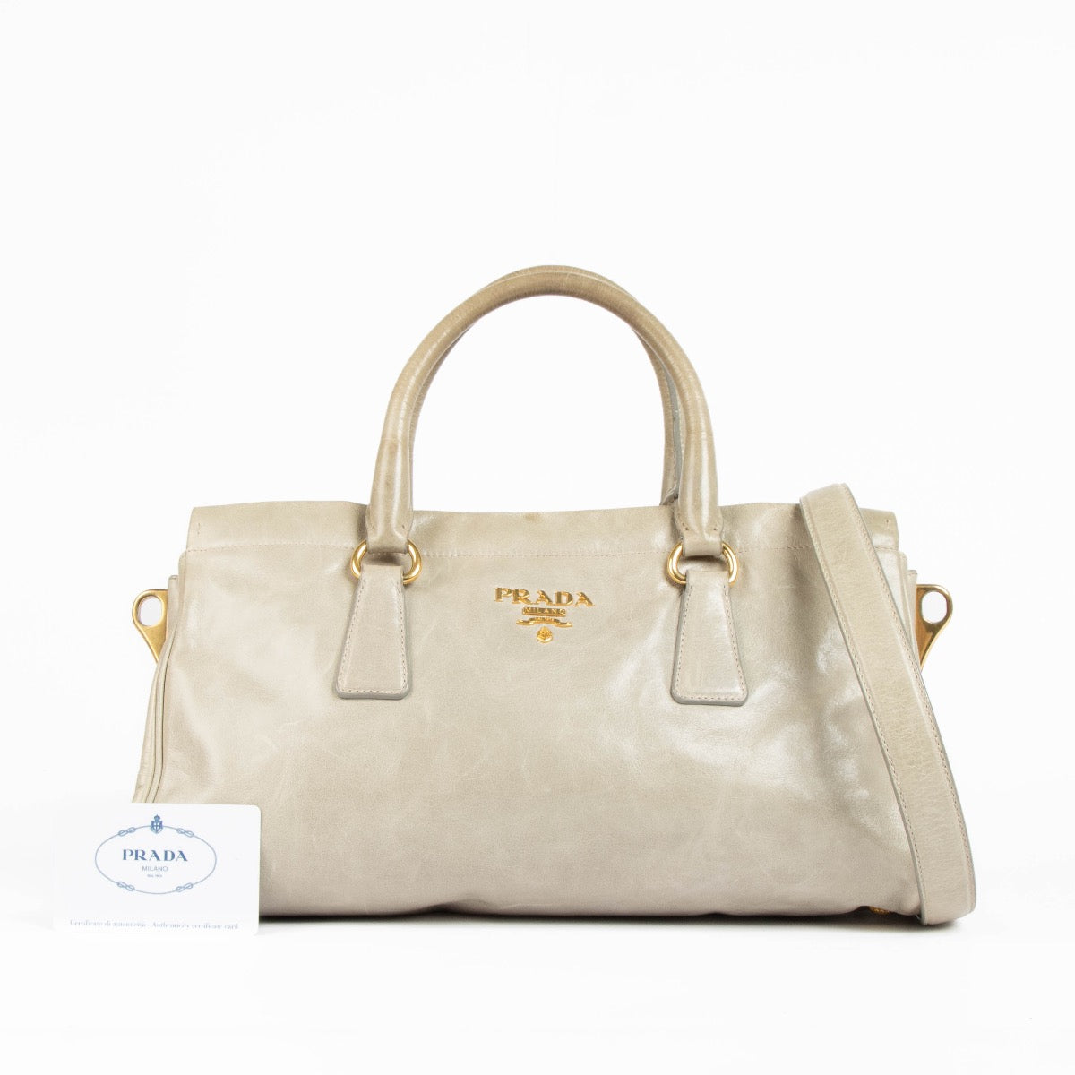 Authentic pre-loved Prada Grey Vitello Shine Shoulder Bag on Labellov.com