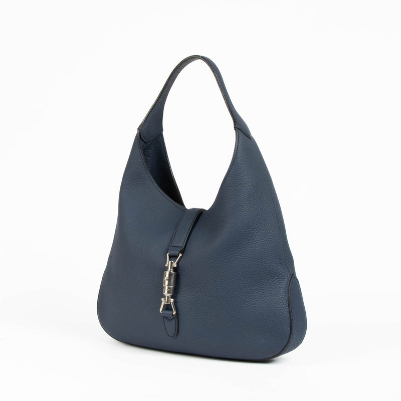 Authentic pre-loved Gucci Blue Grained Leather Medium Soft Jackie Shoulder Bag on Labellov.com