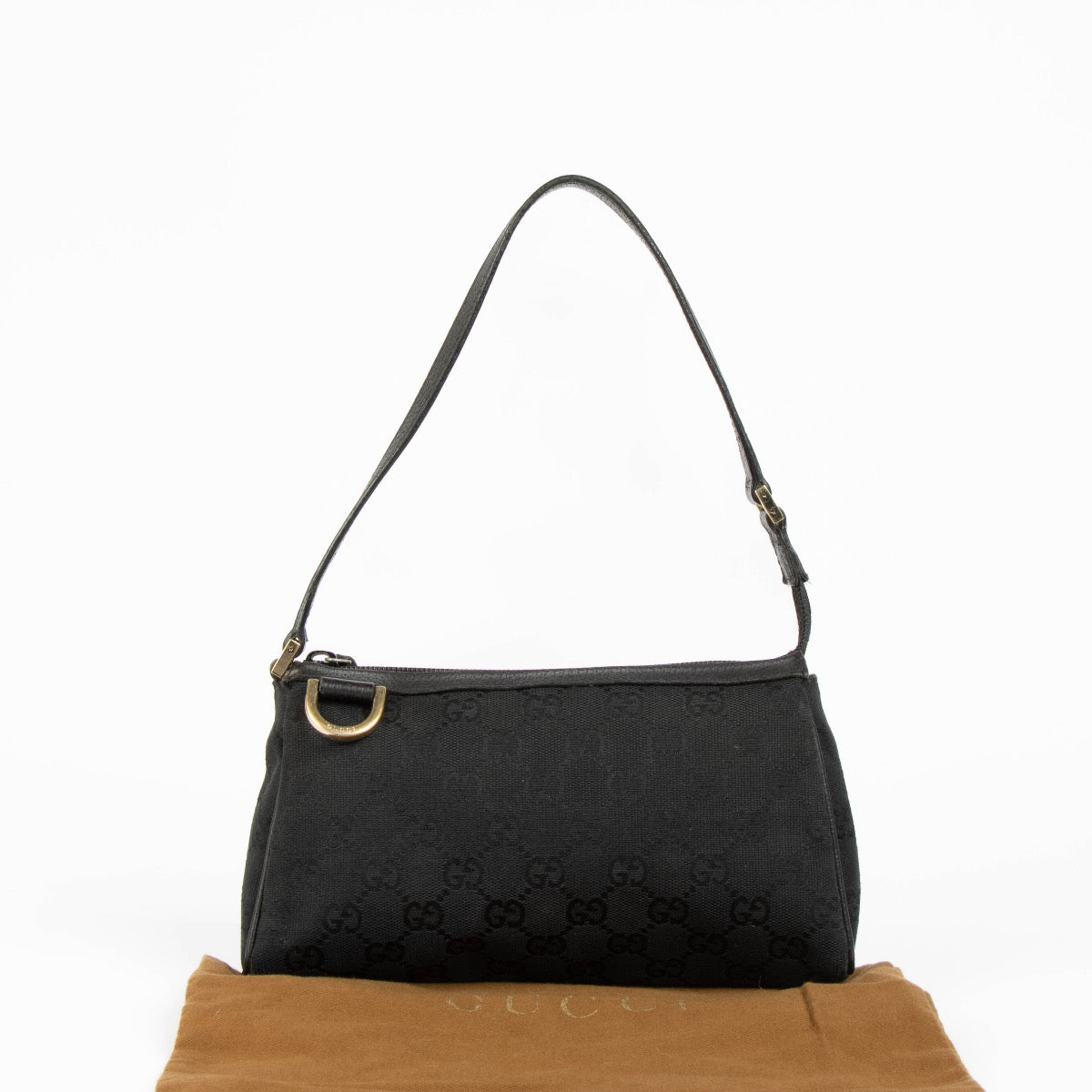 Authentic pre-loved Gucci Black GG Canvas D-Ring Pochette Bag on Labellov.com
