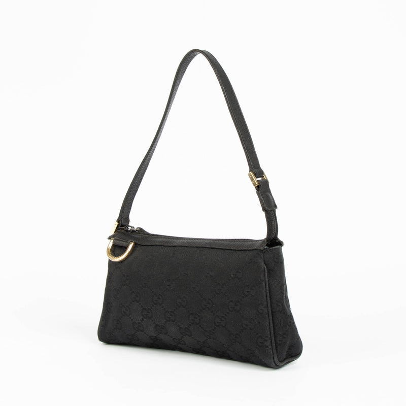 Authentic pre-loved Gucci Black GG Canvas D-Ring Pochette Bag on Labellov.com