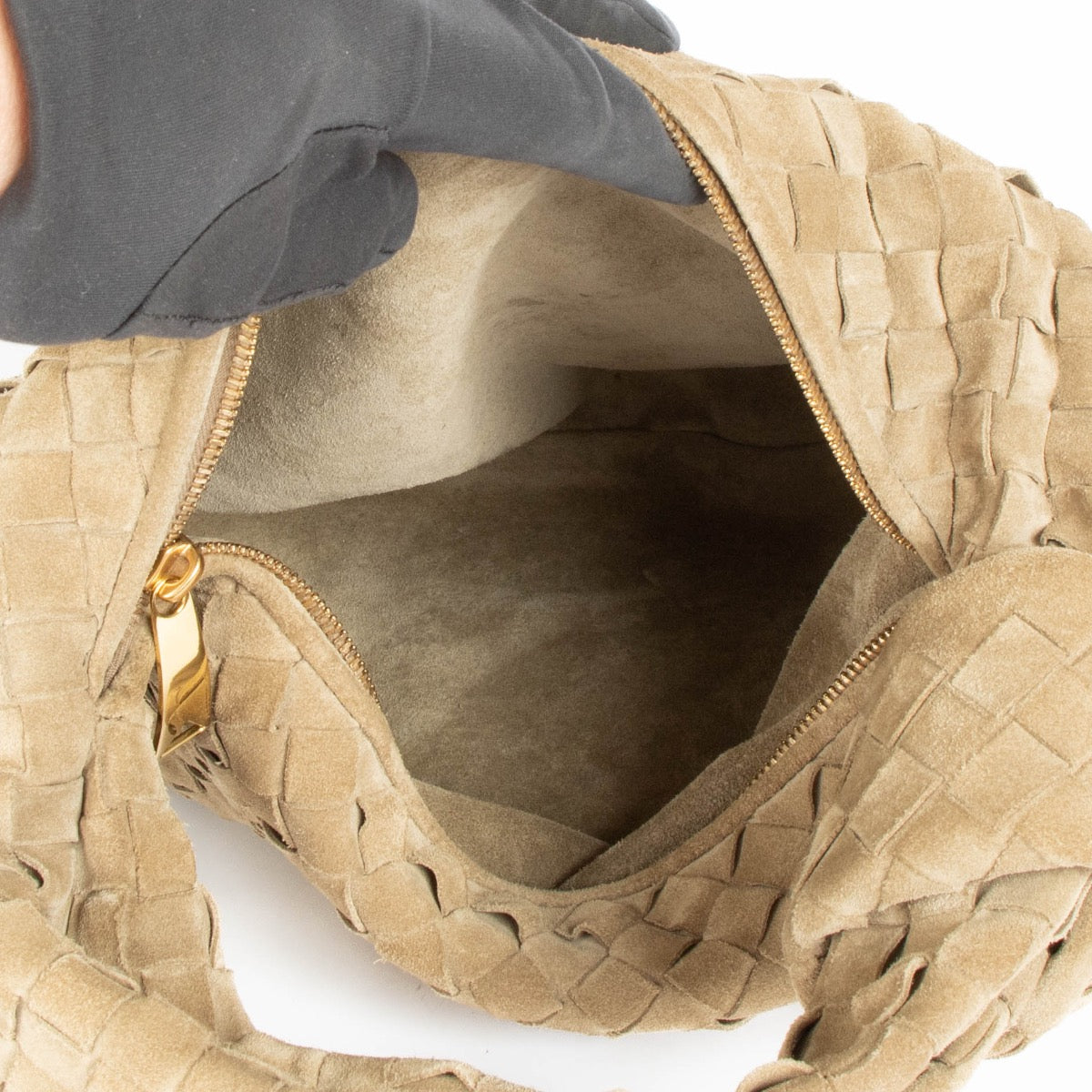 Authentic pre-loved Bottega Veneta Taupe Suede Small Jodie Shoulder Bag on Labellov.com