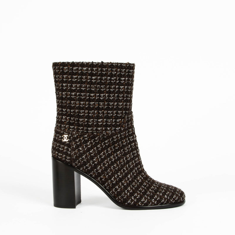 Authentic Chanel Brown Tweed Boots - Size 37 on Labellov.com