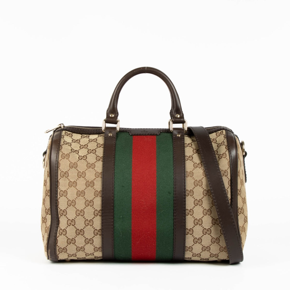 Authentic pre-loved Gucci Monogram Canvas Boston Top Handle Bag on Labellov.com