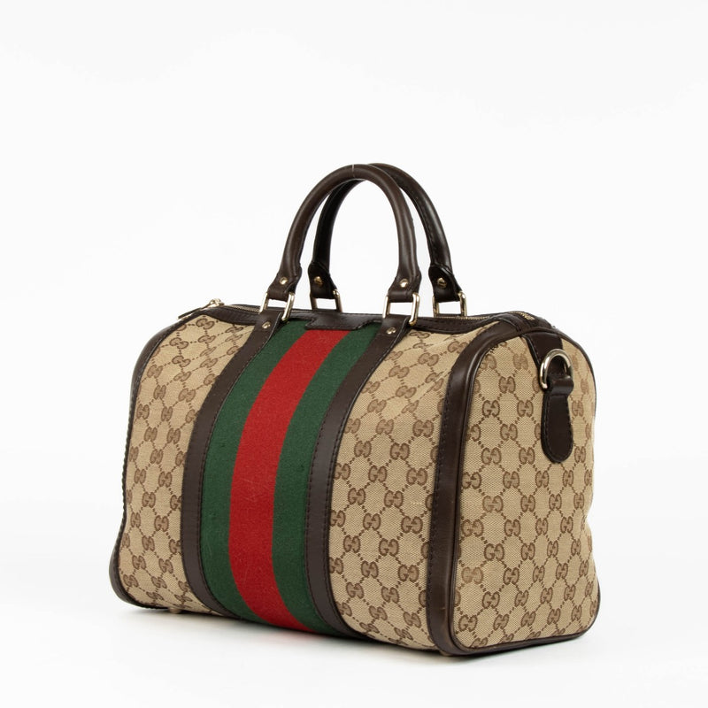 Authentic pre-loved Gucci Monogram Canvas Boston Top Handle Bag on Labellov.com