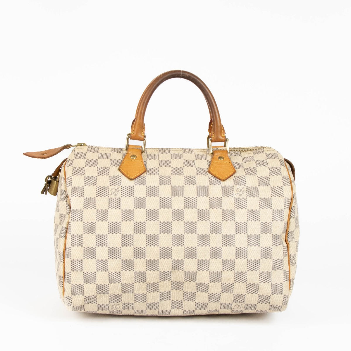 Authentic pre-loved Louis Vuitton White Damier Azur Canvas Speedy 30 Top Handle Bag on Labellov.com