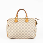 Authentic pre-loved Louis Vuitton White Damier Azur Canvas Speedy 30 Top Handle Bag on Labellov.com