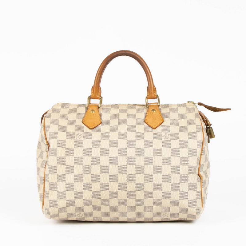 Authentic pre-loved Louis Vuitton White Damier Azur Canvas Speedy 30 Top Handle Bag on Labellov.com