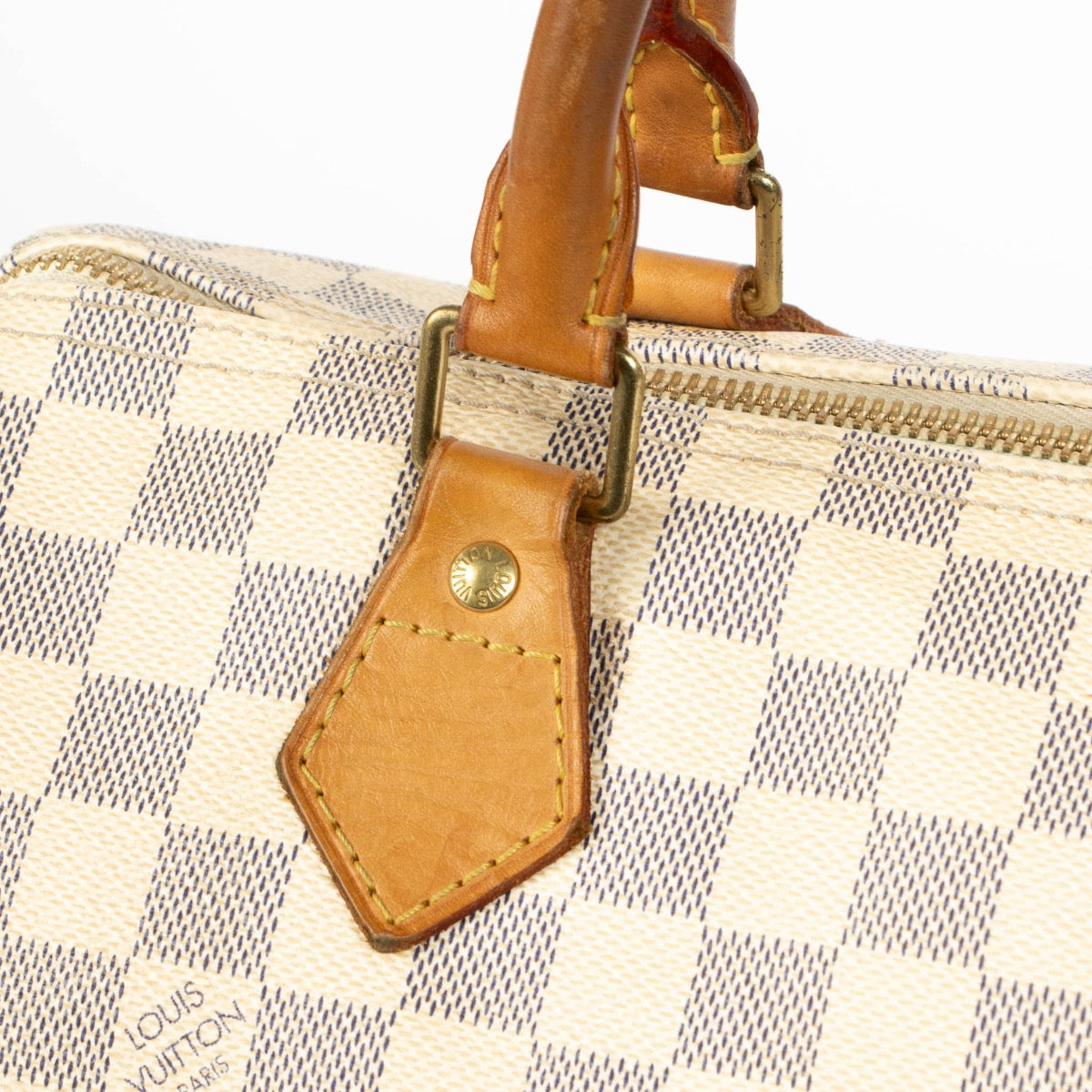 Authentic pre-loved Louis Vuitton White Damier Azur Canvas Speedy 30 Top Handle Bag on Labellov.com