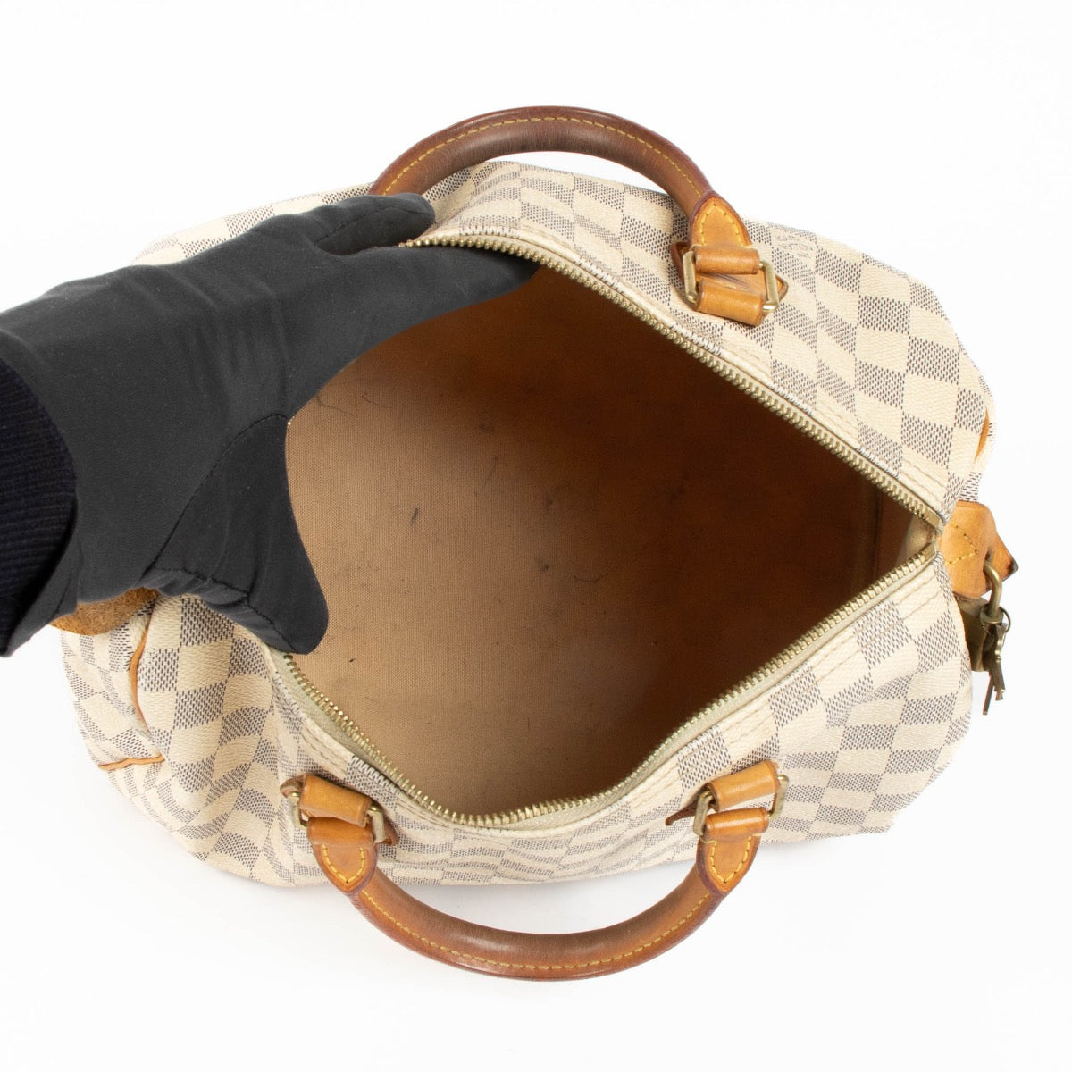 Authentic pre-loved Louis Vuitton White Damier Azur Canvas Speedy 30 Top Handle Bag on Labellov.com