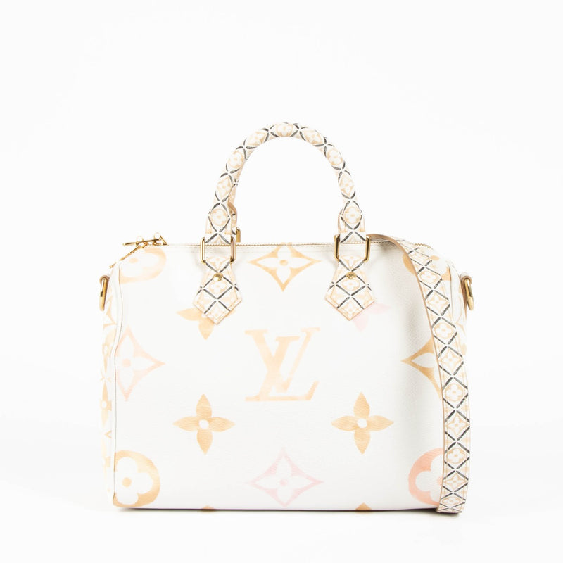 Louis Vuitton Speedy 25 By The Pool gradient Monogram Empreinte leather handbag with gold hardware, luxury pre-owned designer bag in soft pastel tones, structured top handle and crossbody strap.
