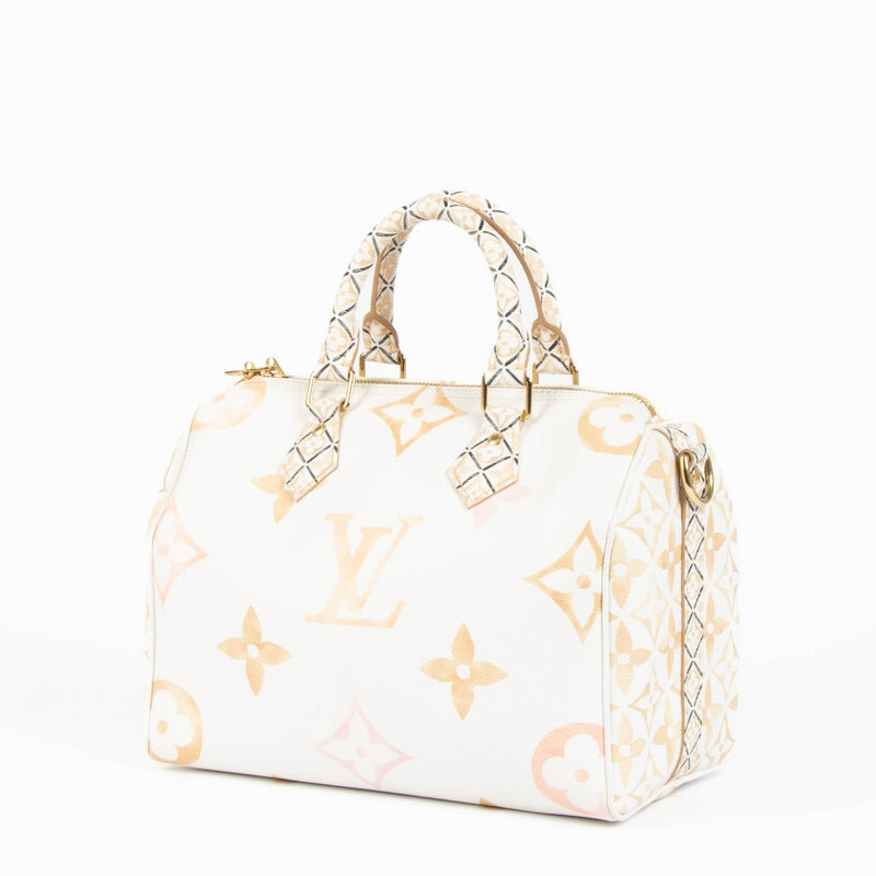 Louis Vuitton Speedy 25 By The Pool gradient Monogram Empreinte leather handbag with gold hardware, luxury pre-owned designer bag in soft pastel tones, structured top handle and crossbody strap.
