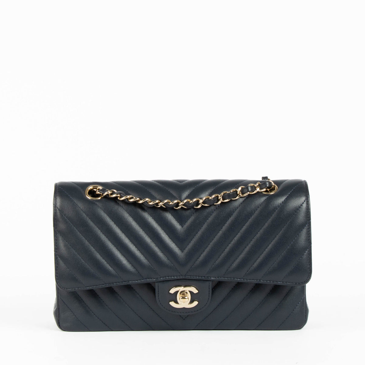 Chanel Navy Blue Chevron Medium Classic Flap Bag