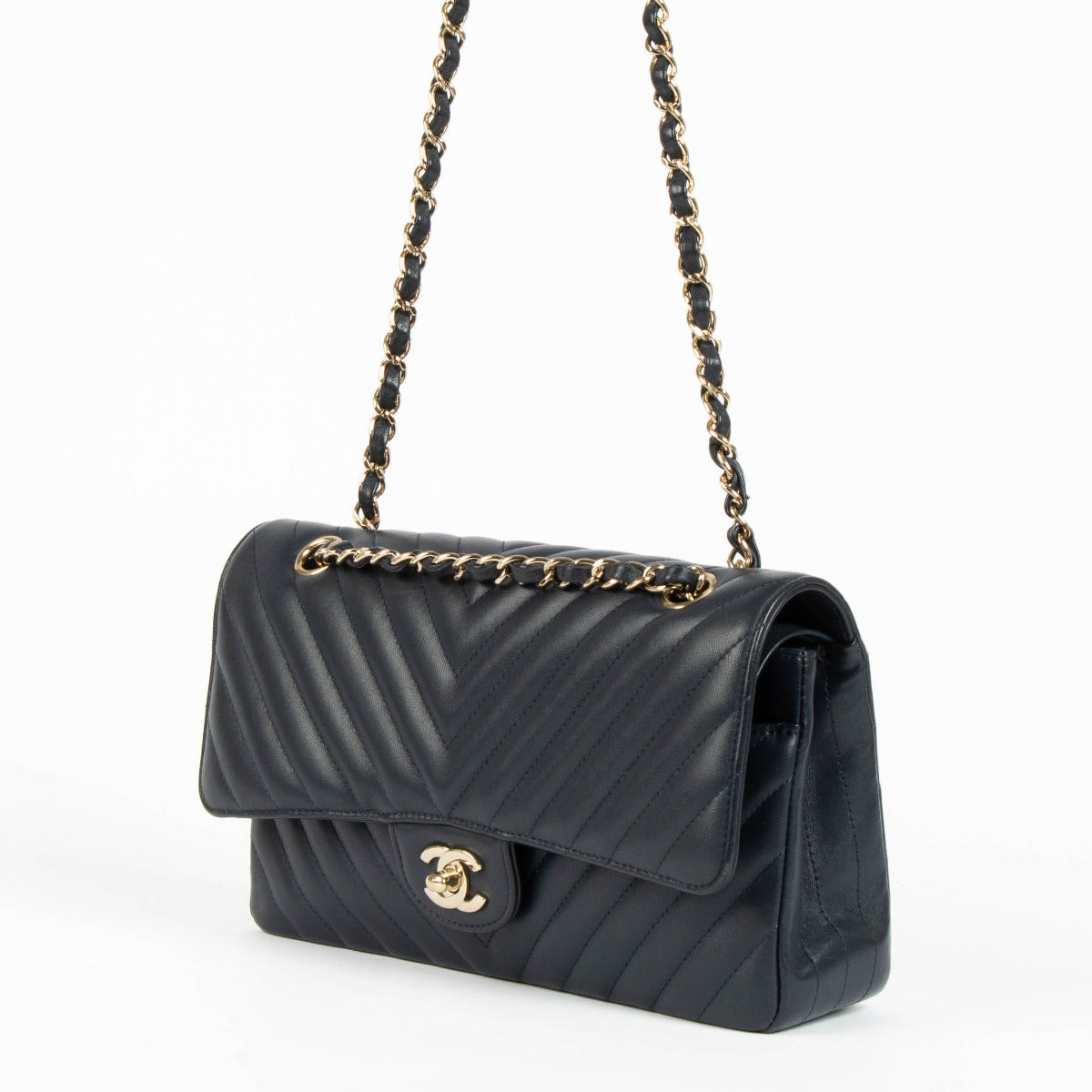 Chanel Navy Blue Chevron Medium Classic Flap Bag