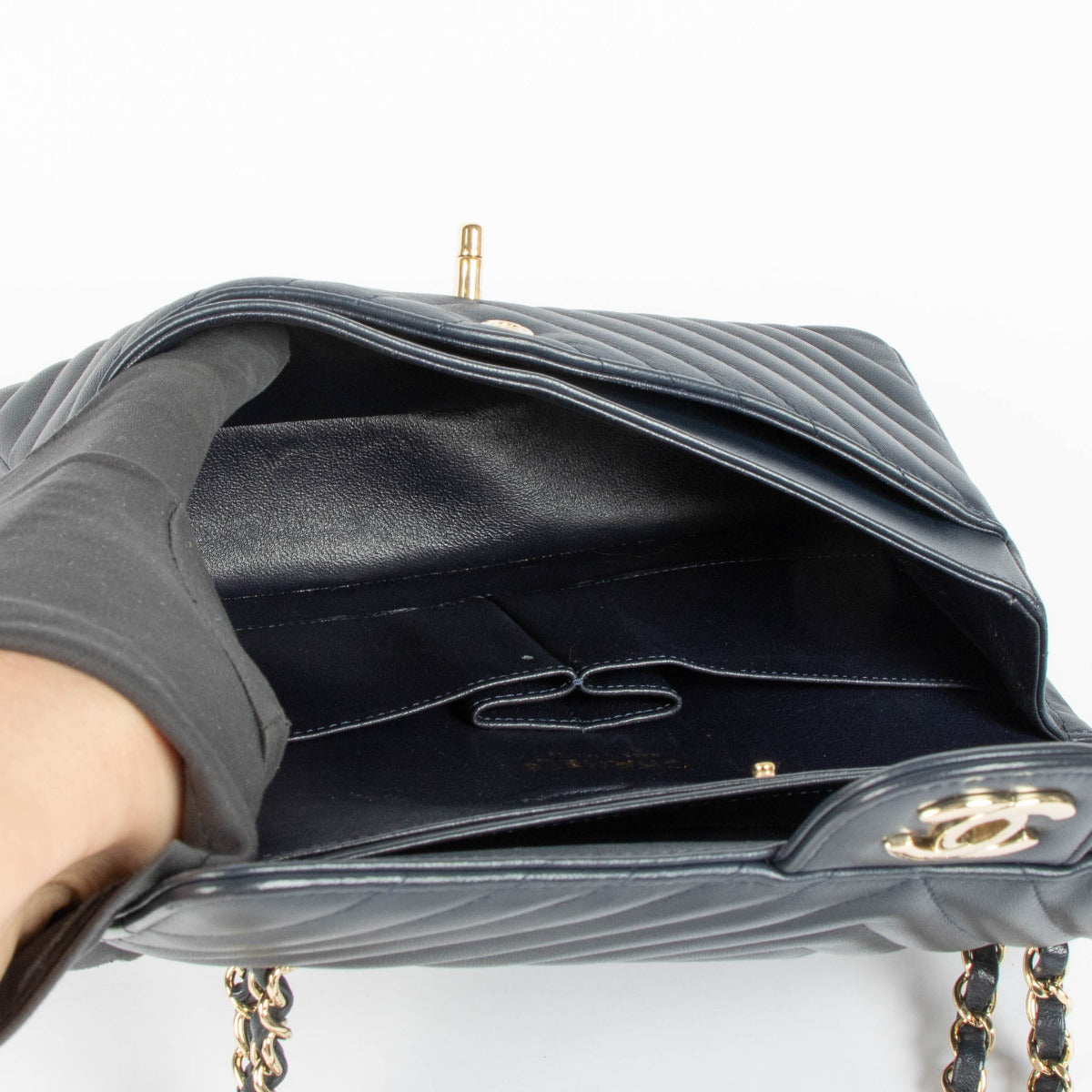 Chanel Navy Blue Chevron Medium Classic Flap Bag