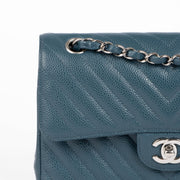 Chanel small classic flap teal caviar chevron shoulder bag