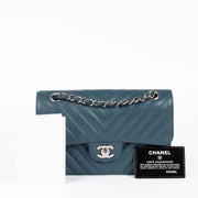 Chanel small classic flap teal caviar chevron shoulder bag
