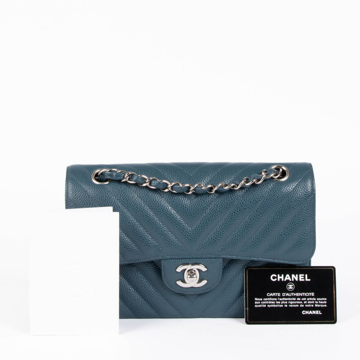 Chanel small classic flap teal caviar chevron shoulder bag