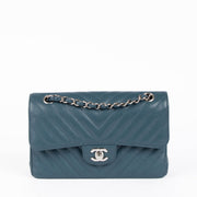 Chanel small classic flap teal caviar chevron shoulder bag