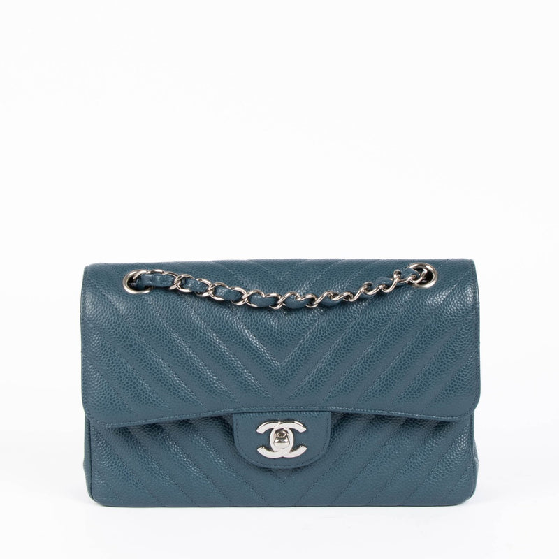 Chanel small classic flap teal caviar chevron shoulder bag
