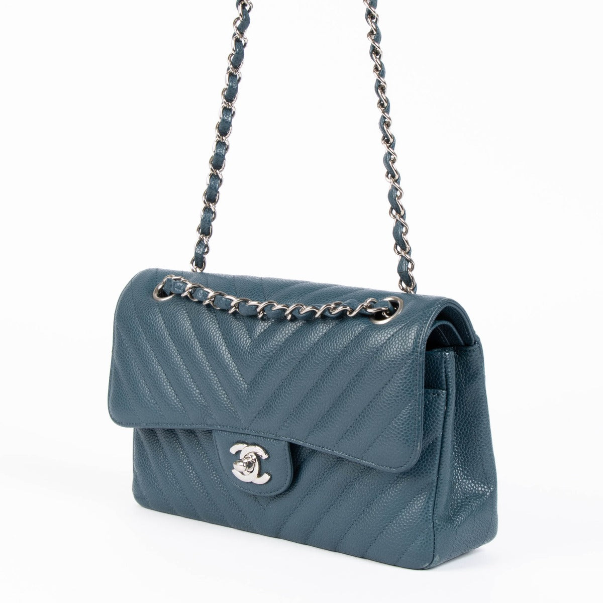 Chanel small classic flap teal caviar chevron shoulder bag