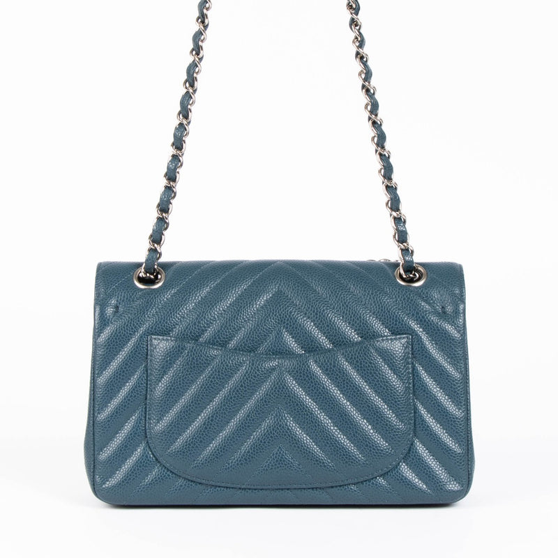 Chanel small classic flap teal caviar chevron shoulder bag