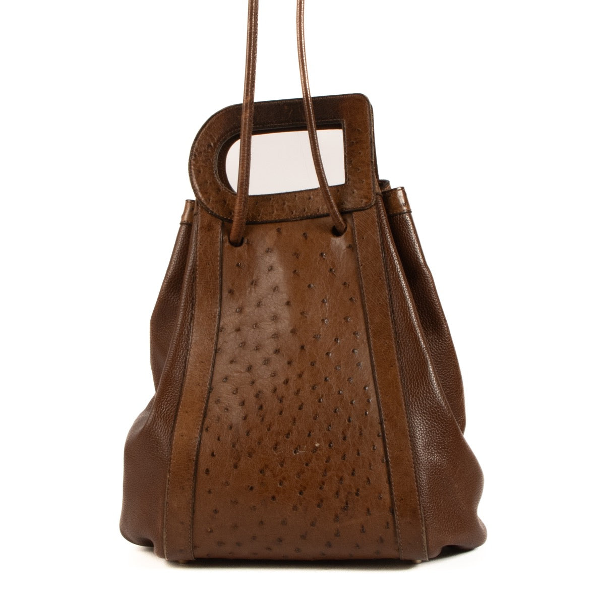 Shop safe online at Labellov in Antwerp, Brussels and Knokke this 100% authentic second hand Delvaux Brown Ostrich Punch Shoulder Bag
