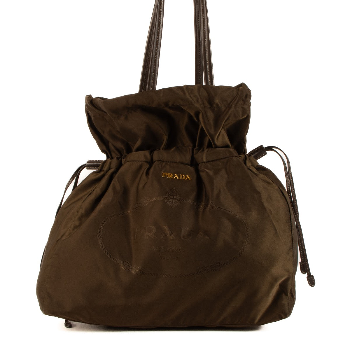 Shop safe online at Labellov in Antwerp, Brussels and Knokke this 100% authentic second hand Prada Brown Nylon Drawstring Tote Bag