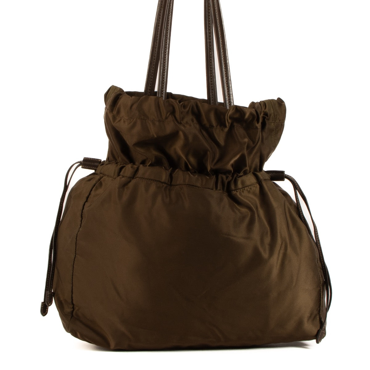 Shop safe online at Labellov in Antwerp, Brussels and Knokke this 100% authentic second hand Prada Brown Nylon Drawstring Tote Bag