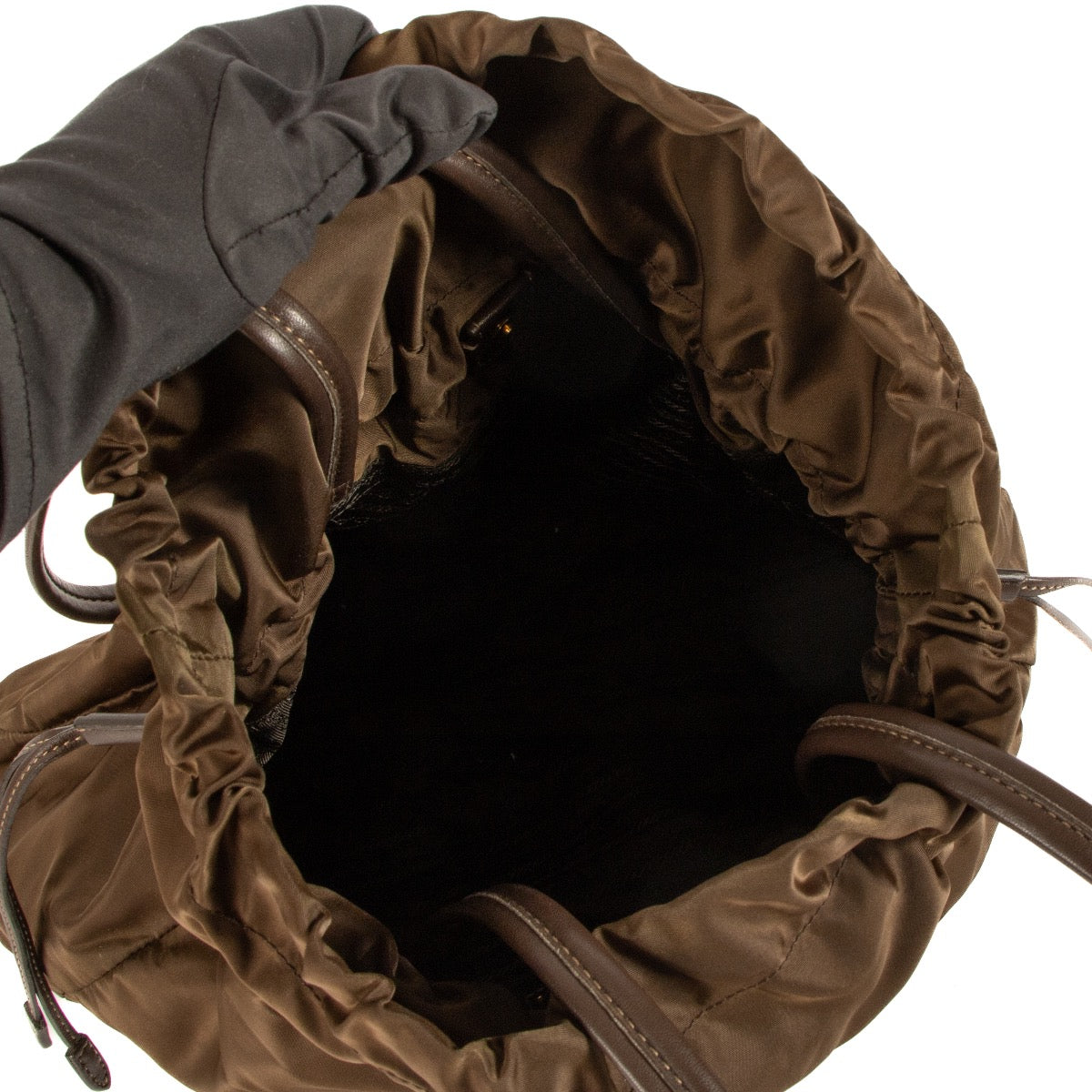 Shop safe online at Labellov in Antwerp, Brussels and Knokke this 100% authentic second hand Prada Brown Nylon Drawstring Tote Bag