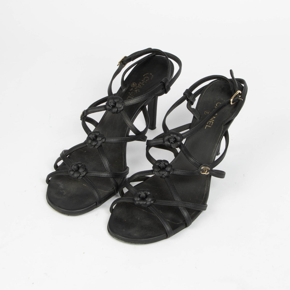 Authentic pre-loved Chanel Black Camellia Sandals - Size 38.5 on Labellov.com