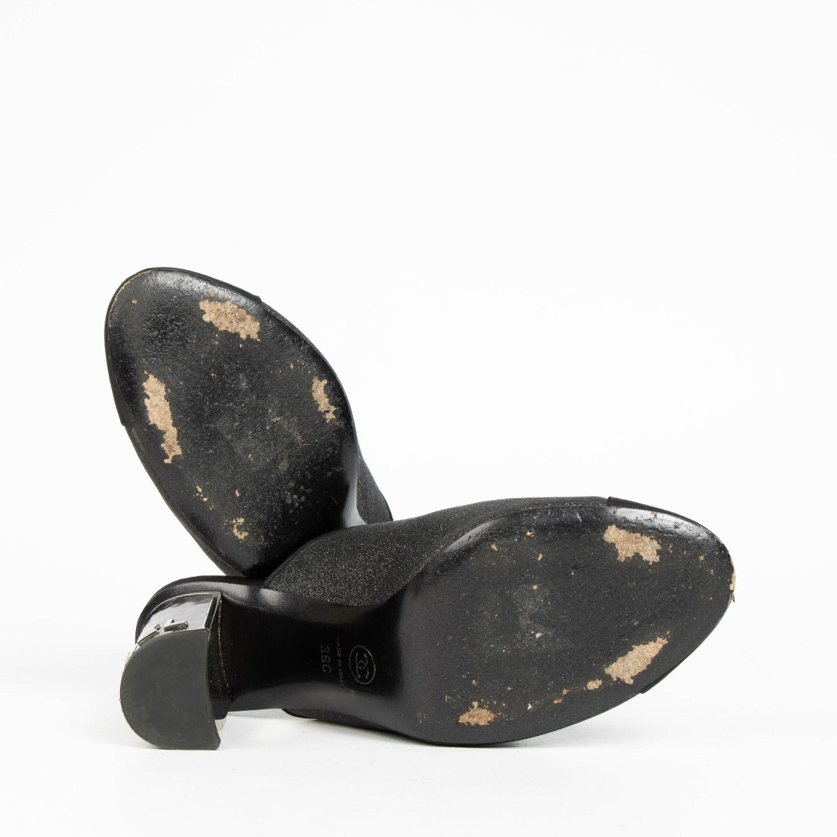 100% authentic Chanel Black Glitter Cap Toe Mules in size 39 with subtle glitter finish and iconic cap toe design.