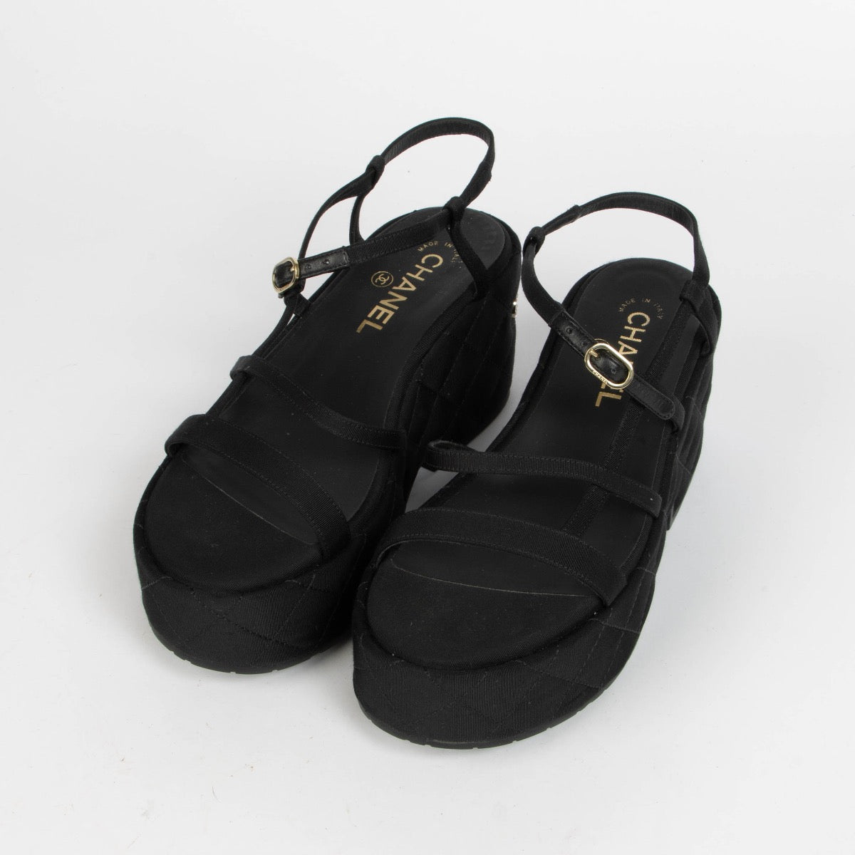 Authentic pre-loved Chanel Black Cloth Platform Sandals - Size 38 on Labellov.com