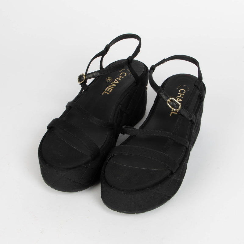 Authentic pre-loved Chanel Black Cloth Platform Sandals - Size 38 on Labellov.com