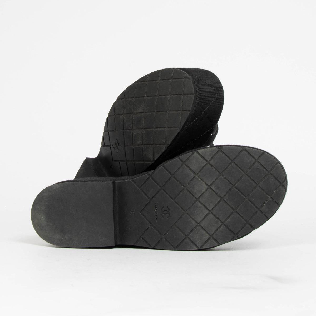 Authentic pre-loved Chanel Black Cloth Platform Sandals - Size 38 on Labellov.com