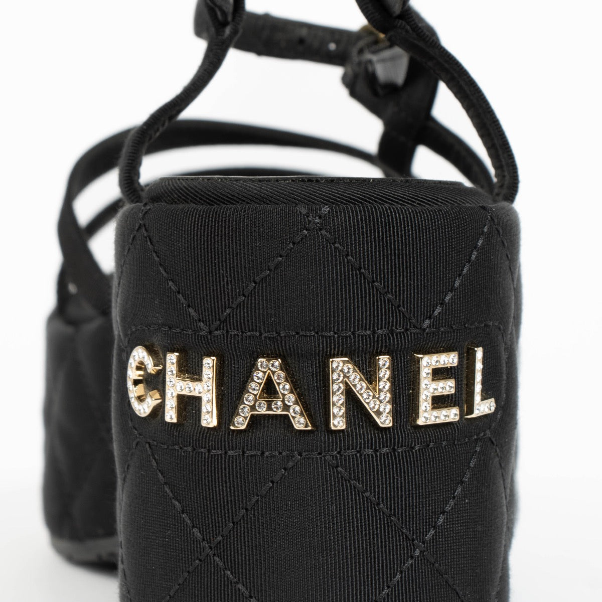 Authentic pre-loved Chanel Black Cloth Platform Sandals - Size 38 on Labellov.com