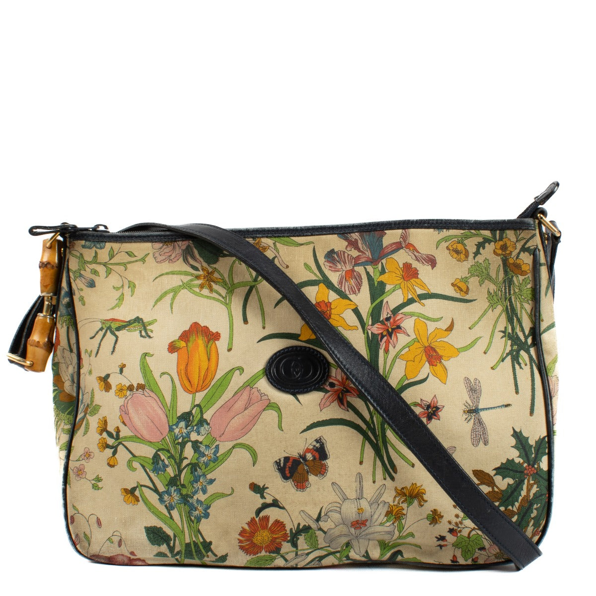 Gucci 1980s Flora Canvas Bamboo Crossbody Bag